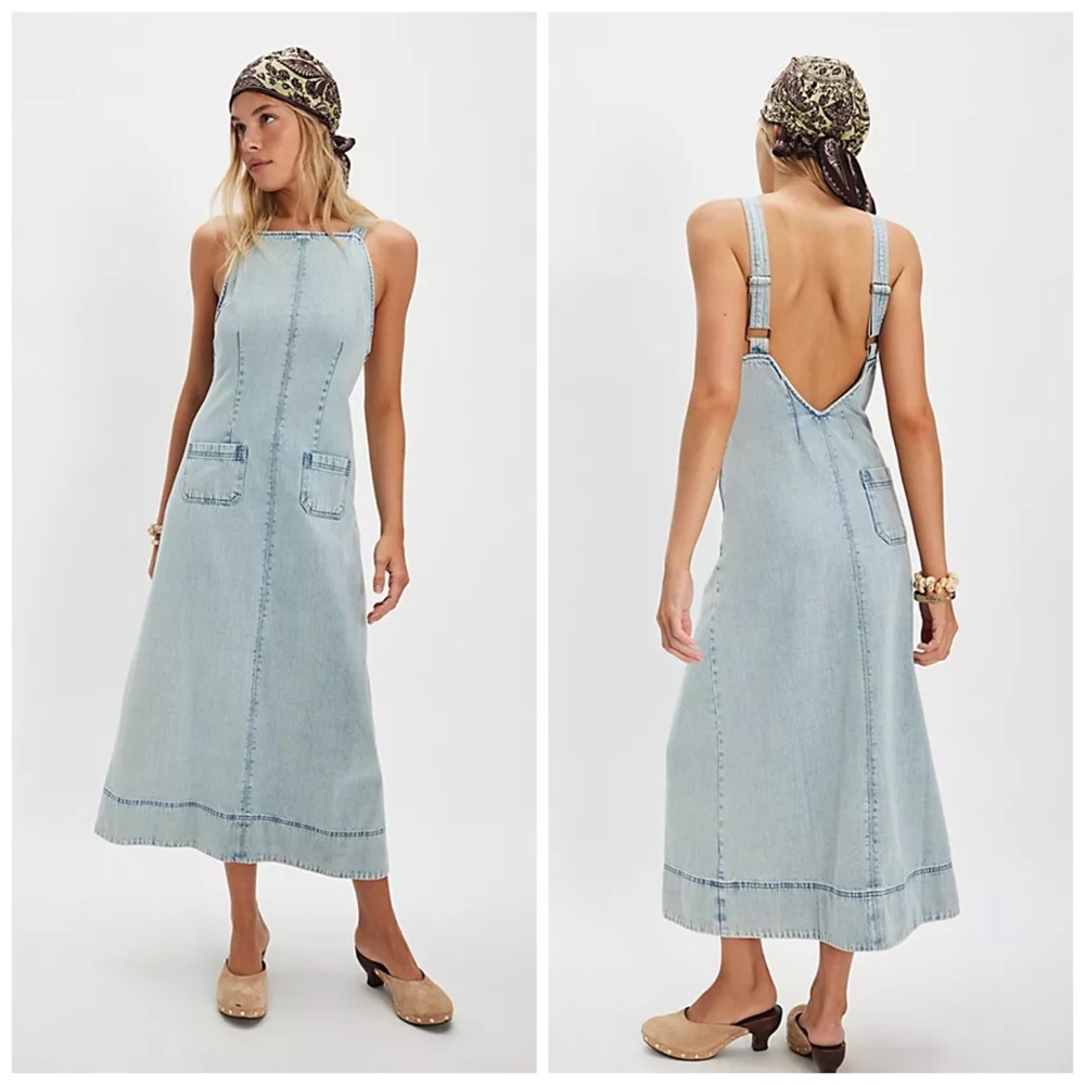Free People Dex Denim Midi Dress Blue Bleachout XS